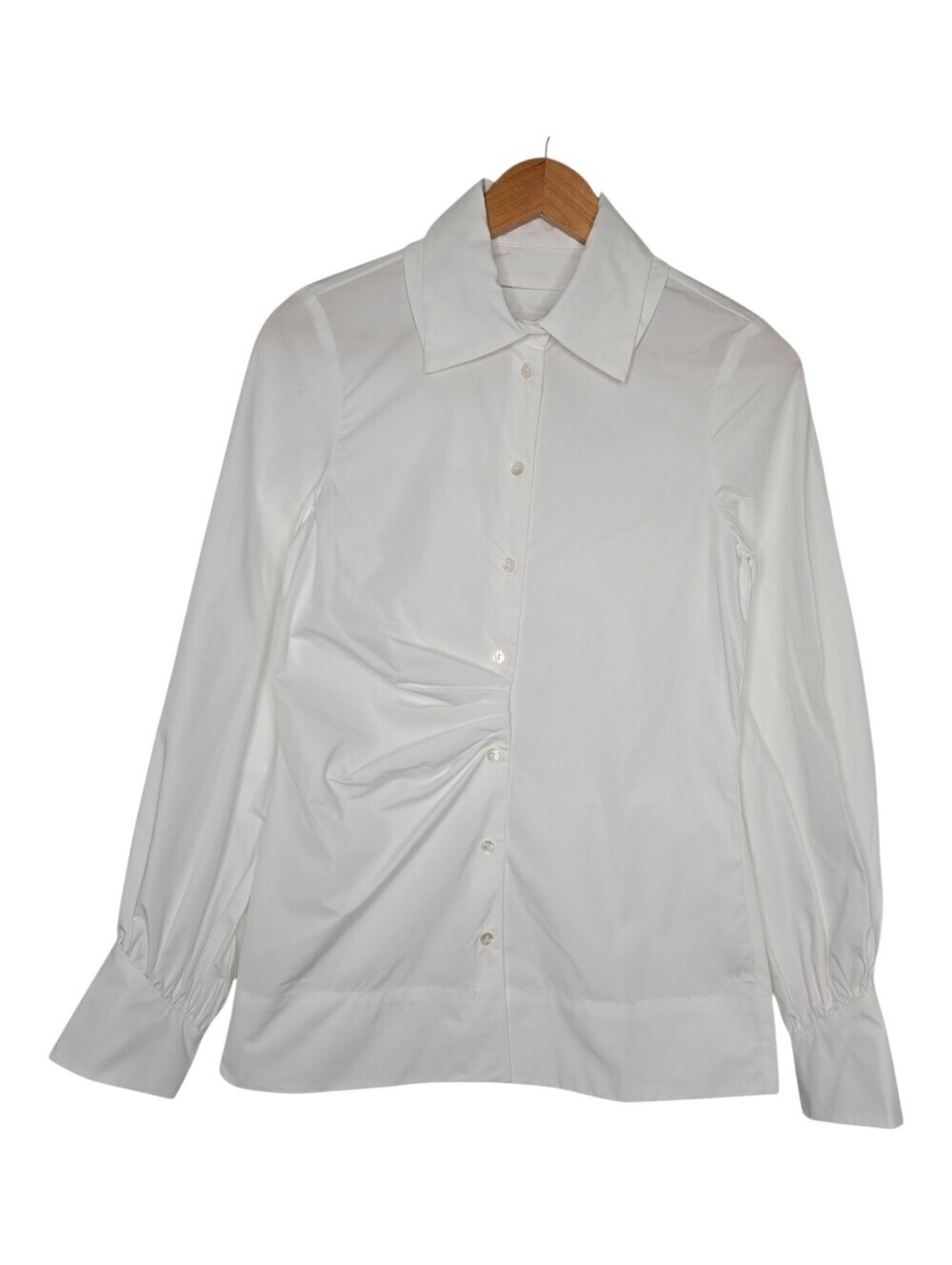 Alohas Womens White Cotton Ruched  Button Up Work Office Candela Shirt Small